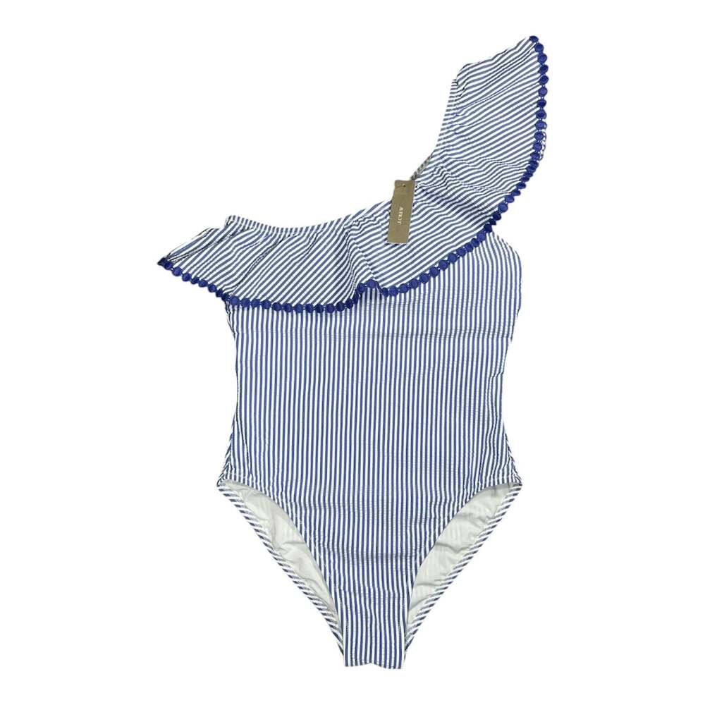 J.Crew Seersucker One-Shoulder Ruffle One-Piece Swimsuit with Pom-Pom Trim